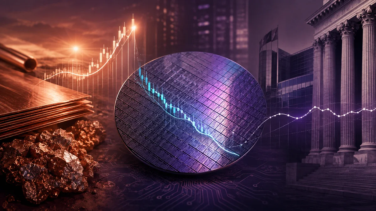 Cuivre, semi-conducteur et architecture financière européenne illustrant des trajectoires de marché divergentes